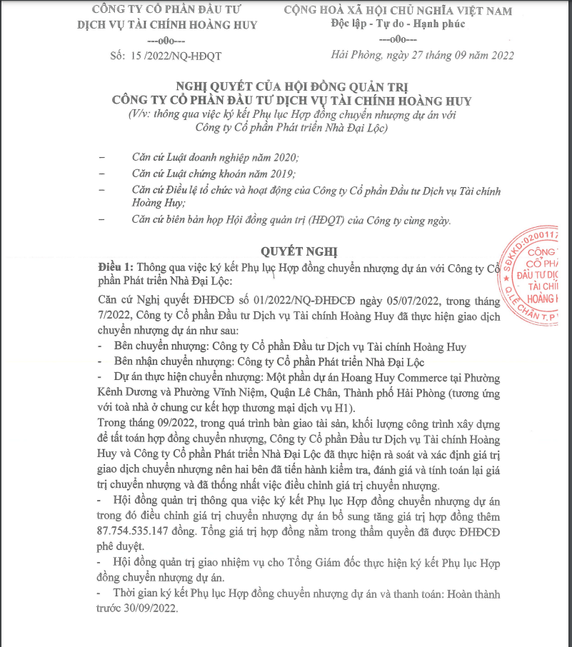 Nghị quyết về việc tăng thêm 87,7 tỷ đồng đối với thương vụ chuyển nhượng một phần dự án Hoang Huy Commerce Nghị quyết về việc tăng thêm 87,7 tỷ đồng đối với thương vụ chuyển nhượng một phần dự án Hoang Huy Commerce
