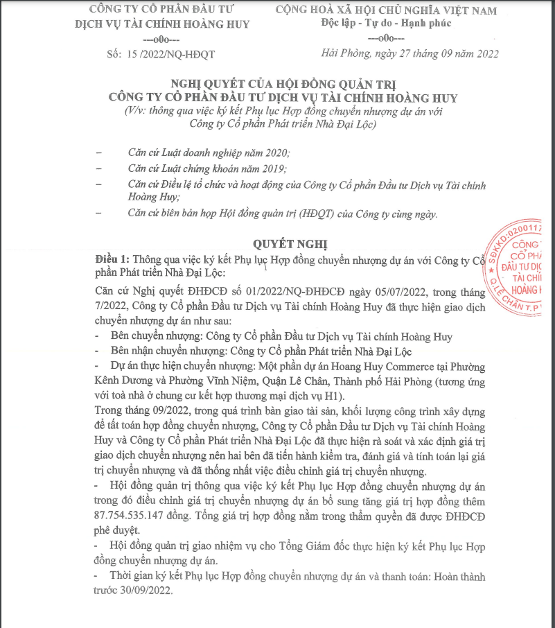 Nghị quyết về việc tăng thêm 87,7 tỷ đồng đối với thương vụ chuyển nhượng một phần dự án Hoang Huy Commerce